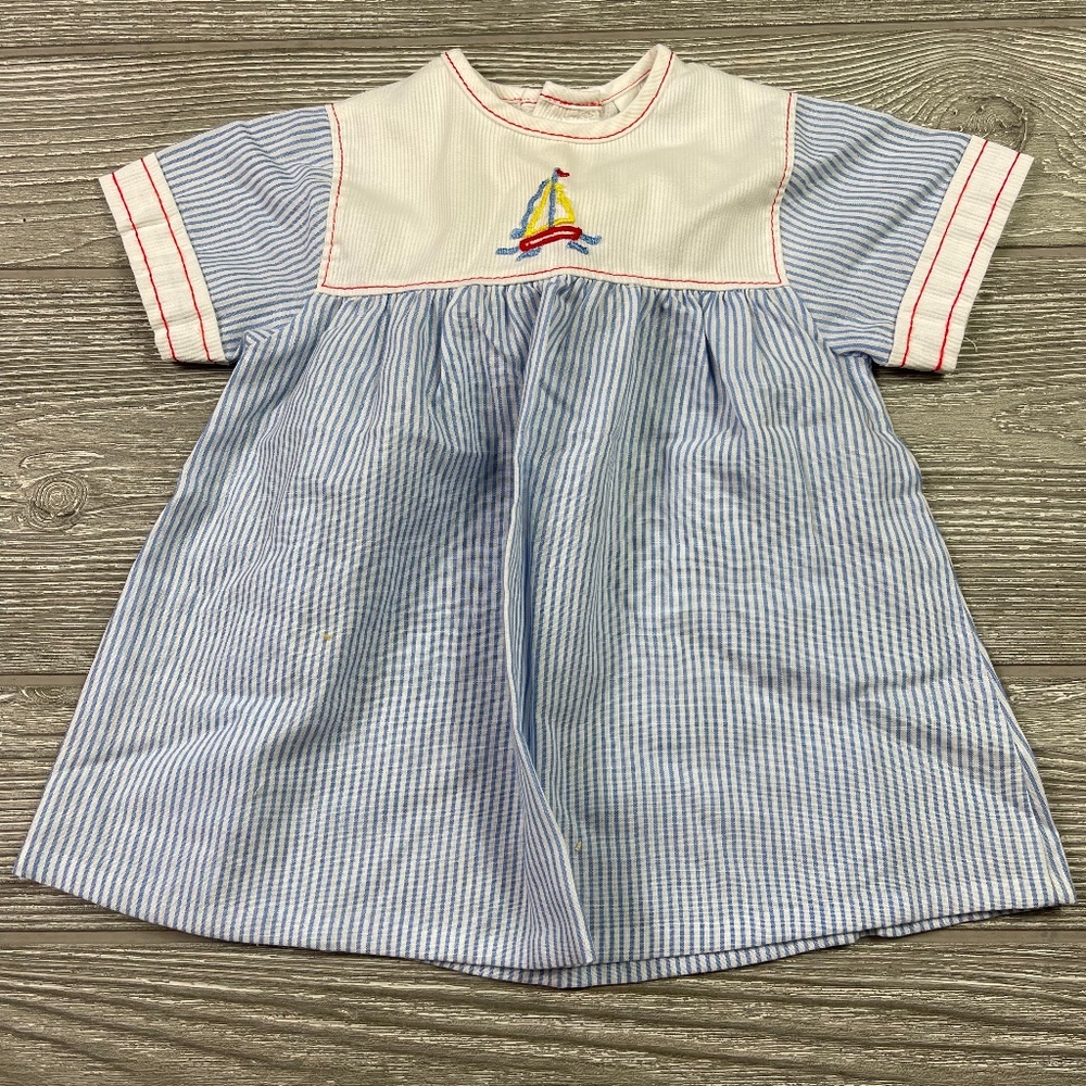 Vintage MOTHERCARE Embroidered Dress Infant 6 M Blue & White Nautical Sail Boat